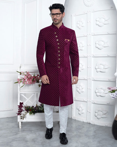 Wine Velvet Silk indian Ethnic Wear Man Sherwani Set With Computerized Embroidery