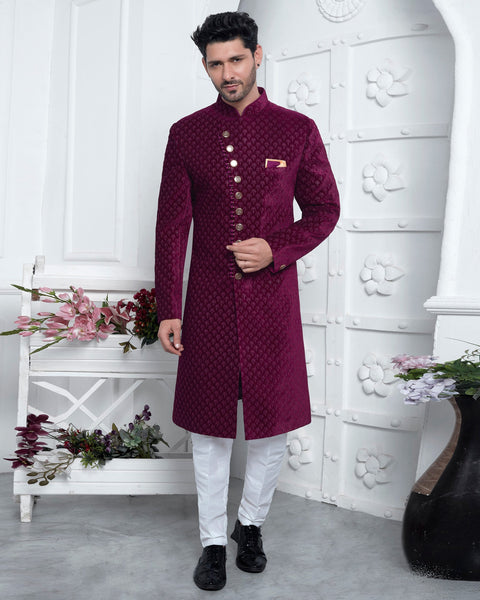 Wine Velvet Silk indian Ethnic Wear Man Sherwani Set With Computerized Embroidery