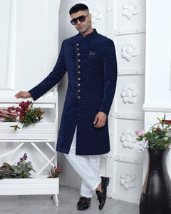 Blue Velvet Silk indian Ethnic Wear Man Sherwani Set With Computerized Embroidery