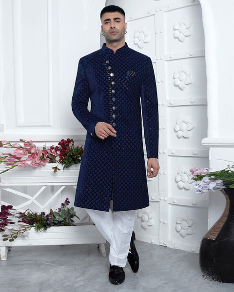 Blue Velvet Silk indian Ethnic Wear Man Sherwani Set With Computerized Embroidery