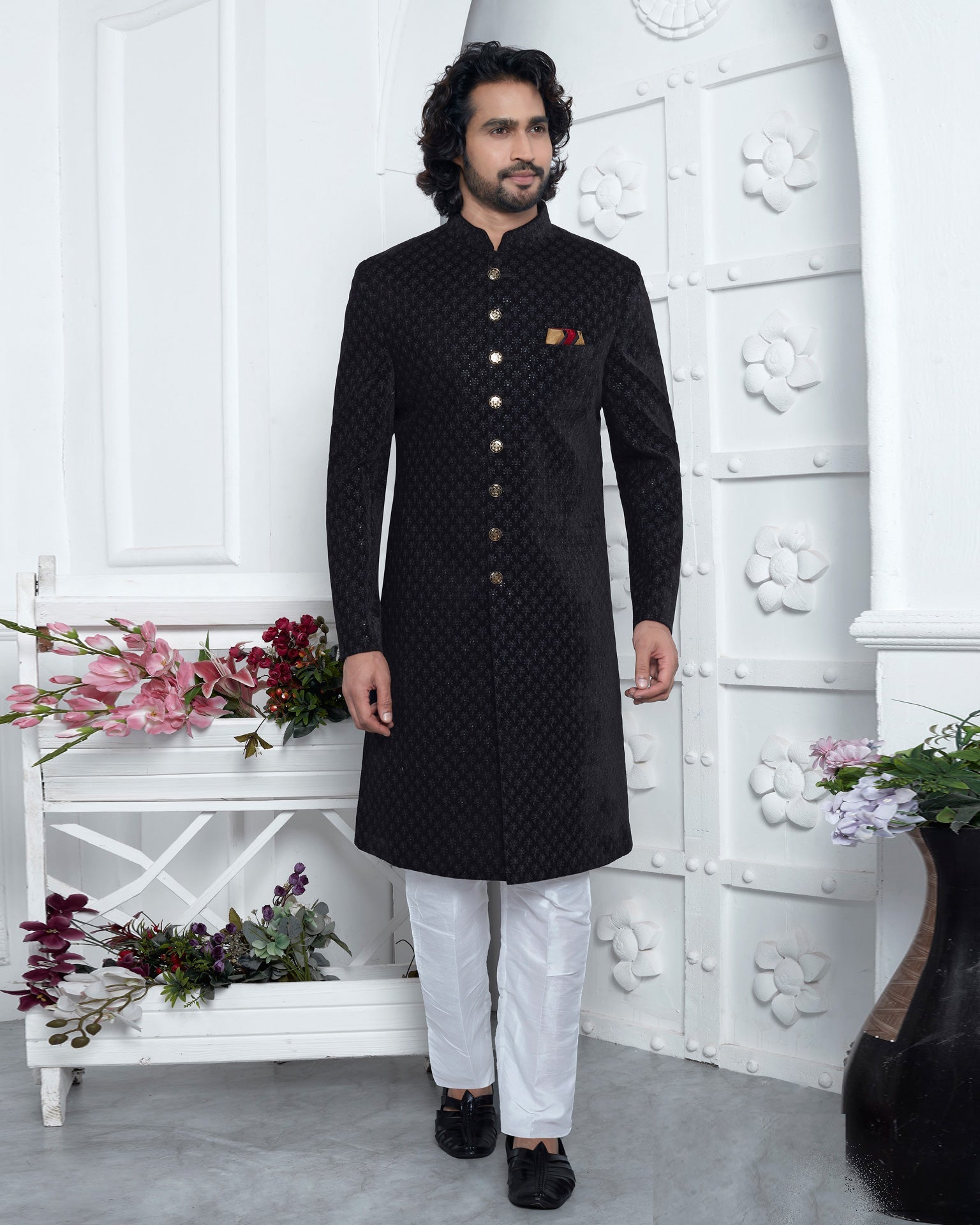 Black Velvet Silk indian Ethnic Wear Man Sherwani Set With Computerized Embroidery