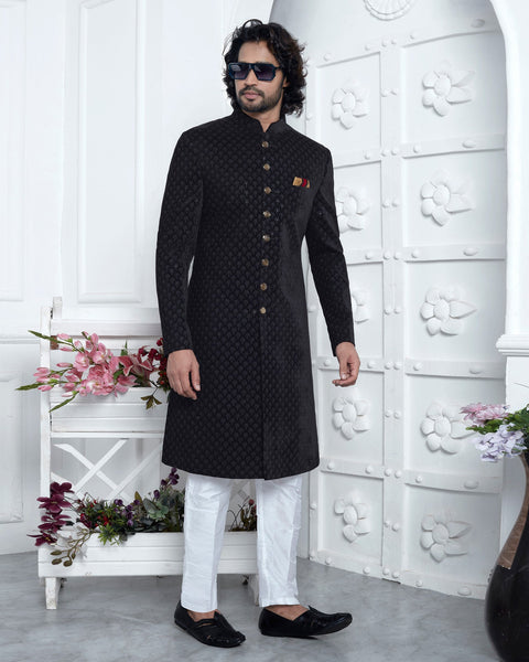 Black Velvet Silk indian Ethnic Wear Man Sherwani Set With Computerized Embroidery