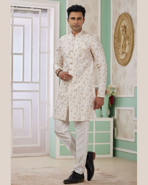 Cream & Off White Banarasi Jacquard Indo Western Sherwani Set For Men