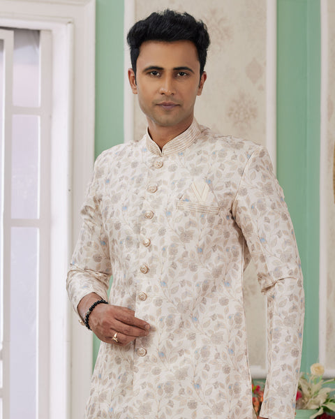 Cream & Off White Banarasi Jacquard Indo Western Sherwani Set For Men
