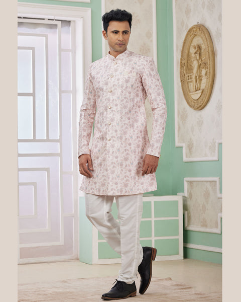 Pink & Off White Banarasi Jacquard Indo Western Sherwani Set For Men