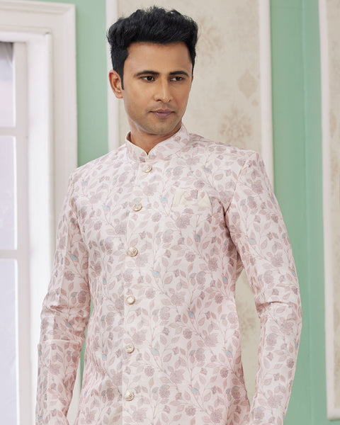 Pink & Off White Banarasi Jacquard Indo Western Sherwani Set For Men
