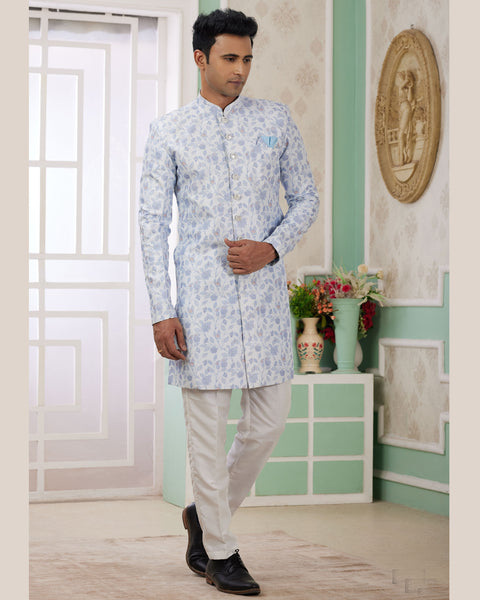 Blue & Off White Banarasi Jacquard Indo Western Sherwani Set For Men