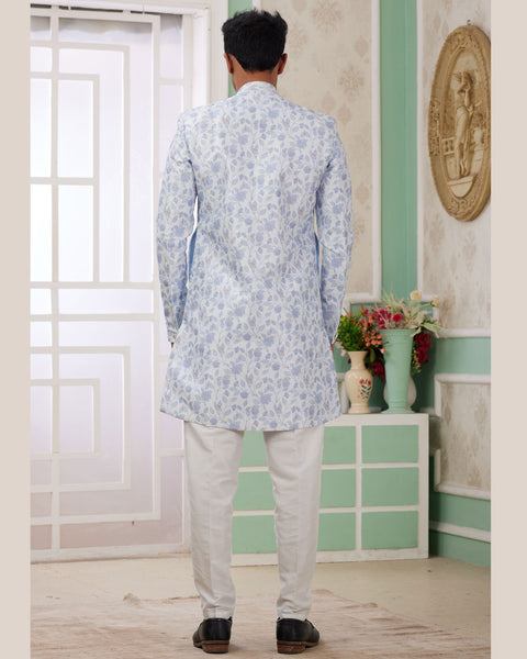 Blue & Off White Banarasi Jacquard Indo Western Sherwani Set For Men