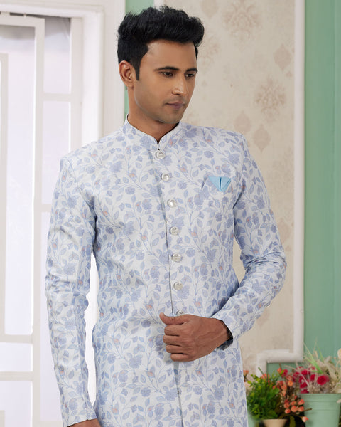 Blue & Off White Banarasi Jacquard Indo Western Sherwani Set For Men