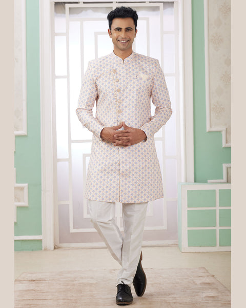 Cream Blue & Off White Banarasi Jacquard Indo Western Sherwani Set For Men