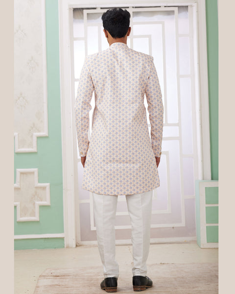 Cream Blue & Off White Banarasi Jacquard Indo Western Sherwani Set For Men