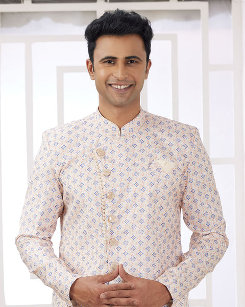 Cream Blue & Off White Banarasi Jacquard Indo Western Sherwani Set For Men