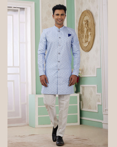 Blue & Off White Banarasi Jacquard Indo Western Sherwani Set For Men