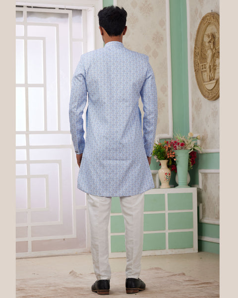 Blue & Off White Banarasi Jacquard Indo Western Sherwani Set For Men