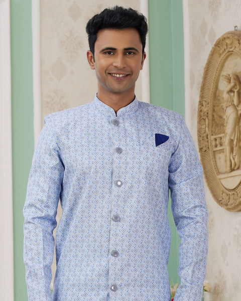 Blue & Off White Banarasi Jacquard Indo Western Sherwani Set For Men