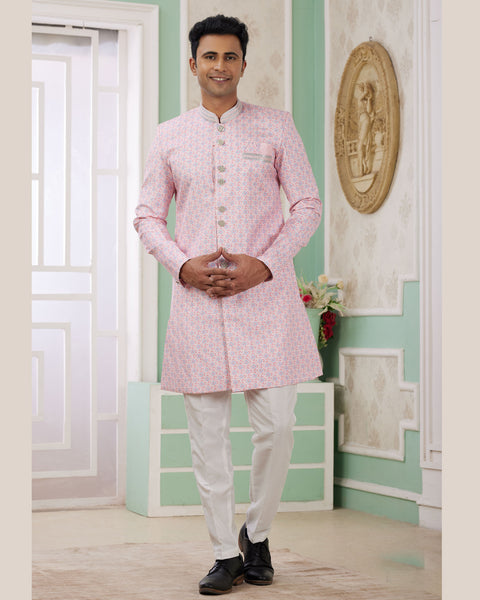 Pink & Off White Banarasi Jacquard Indo Western Sherwani Set For Men