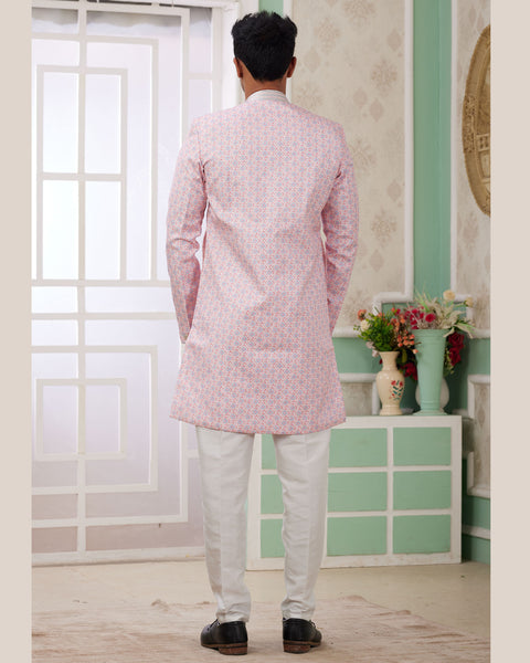 Pink & Off White Banarasi Jacquard Indo Western Sherwani Set For Men
