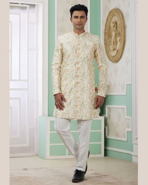 Yellow & Off White Banarasi Jacquard Indo Western Sherwani Set For Men