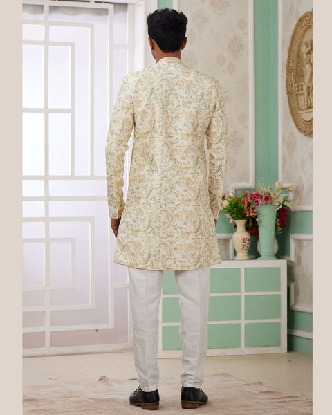 Yellow & Off White Banarasi Jacquard Indo Western Sherwani Set For Men