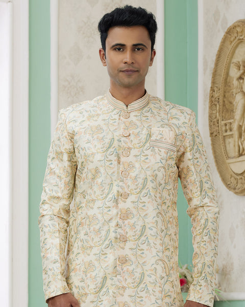 Yellow & Off White Banarasi Jacquard Indo Western Sherwani Set For Men