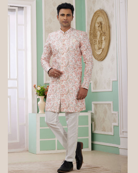 Peach & Off White Banarasi Jacquard Indo Western Sherwani Set For Men