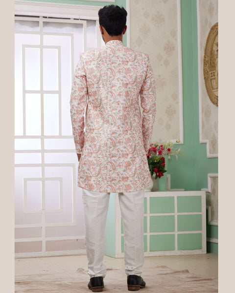 Peach & Off White Banarasi Jacquard Indo Western Sherwani Set For Men