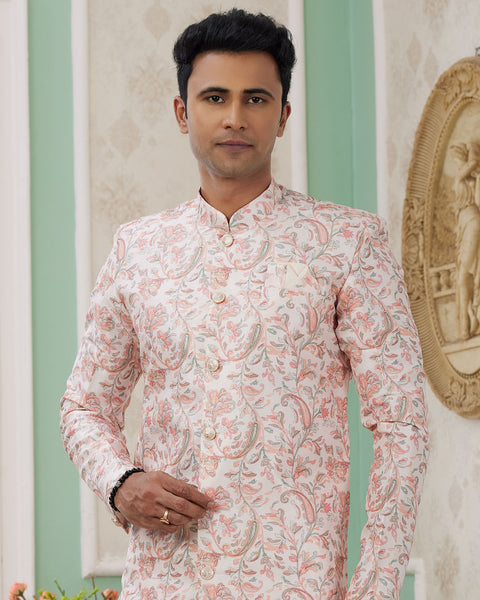 Peach & Off White Banarasi Jacquard Indo Western Sherwani Set For Men