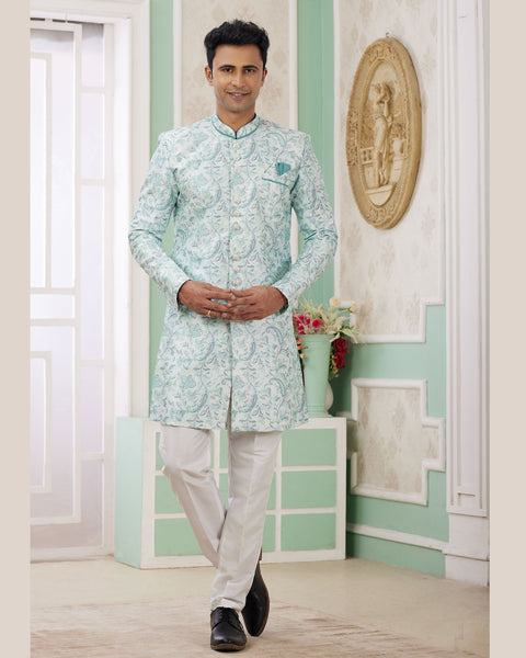 Green & Off White Banarasi Jacquard Indo Western Sherwani Set For Men