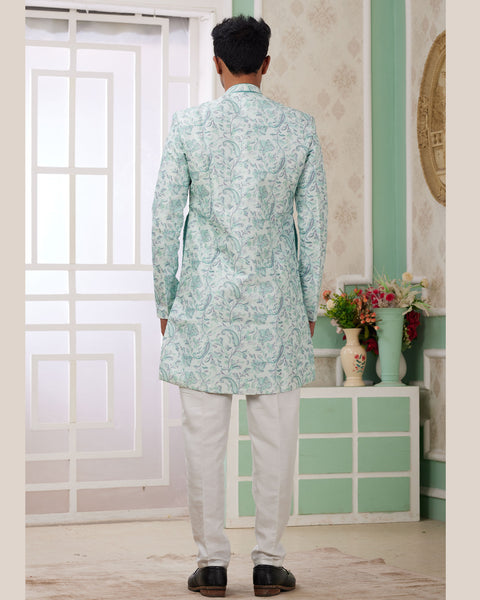 Green & Off White Banarasi Jacquard Indo Western Sherwani Set For Men