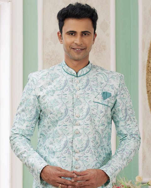 Green & Off White Banarasi Jacquard Indo Western Sherwani Set For Men