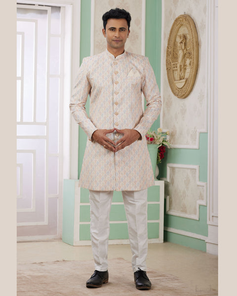 Beige & Off White Banarasi Jacquard Indo Western Sherwani Set For Men