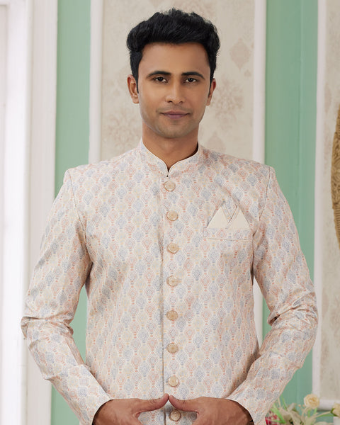 Beige & Off White Banarasi Jacquard Indo Western Sherwani Set For Men