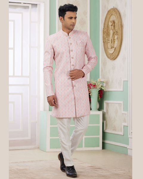 Pink & Off White Banarasi Jacquard Indo Western Sherwani Set For Men