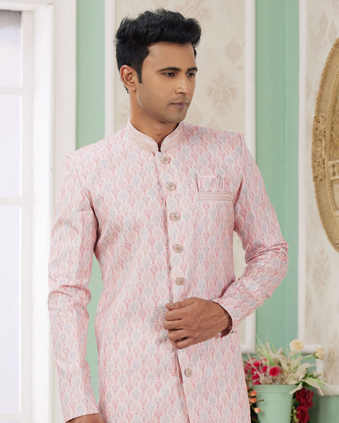 Pink & Off White Banarasi Jacquard Indo Western Sherwani Set For Men