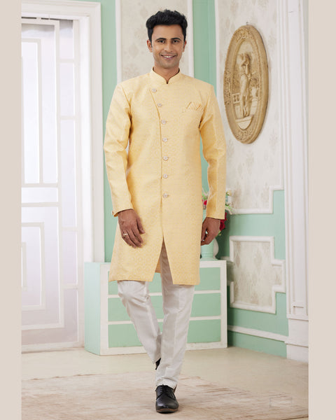 Yellow & Off White Banarasi Jacquard Indo Western Sherwani Set For Men