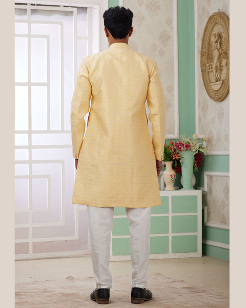 Yellow & Off White Banarasi Jacquard Indo Western Sherwani Set For Men