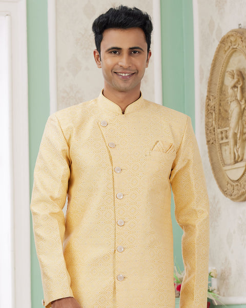 Yellow & Off White Banarasi Jacquard Indo Western Sherwani Set For Men