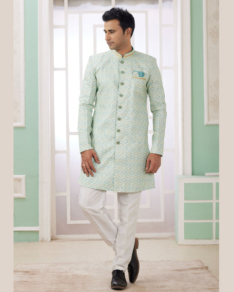 Green & Off White Banarasi Jacquard Indo Western Sherwani Set For Men
