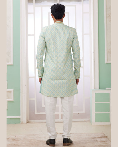 Green & Off White Banarasi Jacquard Indo Western Sherwani Set For Men