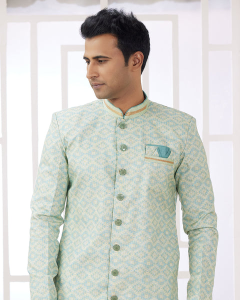 Green & Off White Banarasi Jacquard Indo Western Sherwani Set For Men
