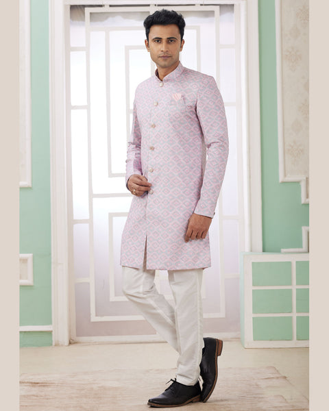 Pink & Off White Banarasi Jacquard Indo Western Sherwani Set For Men