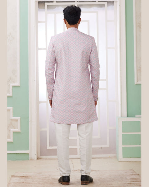 Pink & Off White Banarasi Jacquard Indo Western Sherwani Set For Men
