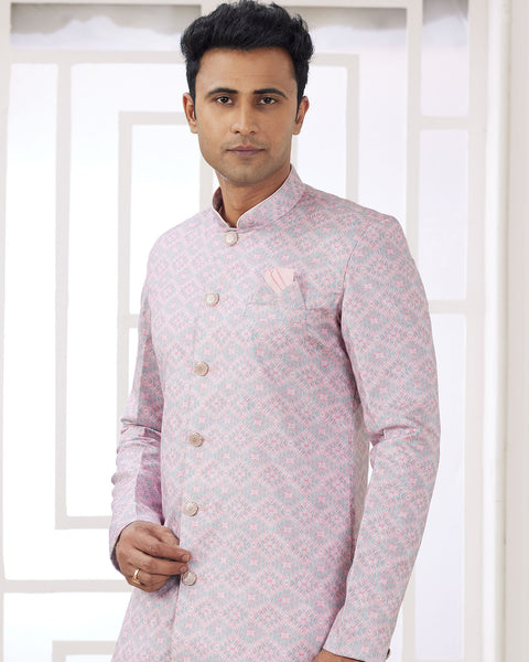 Pink & Off White Banarasi Jacquard Indo Western Sherwani Set For Men