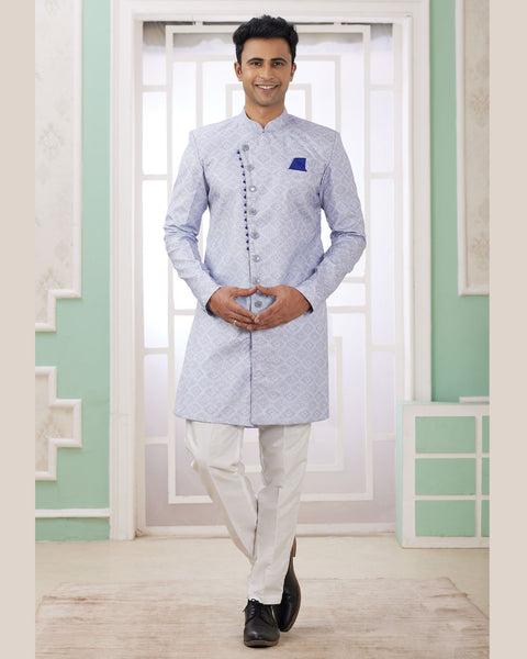Blue & Off White Banarasi Jacquard Indo Western Sherwani Set For Men