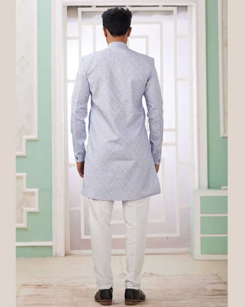 Blue & Off White Banarasi Jacquard Indo Western Sherwani Set For Men