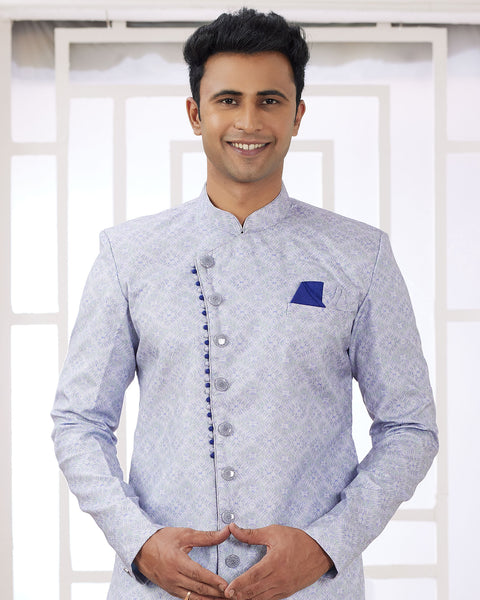 Blue & Off White Banarasi Jacquard Indo Western Sherwani Set For Men