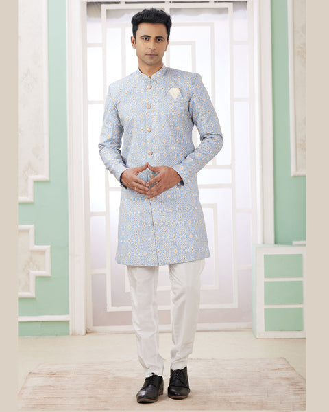 Blue & Off White Banarasi Jacquard Indo Western Sherwani Set For Men