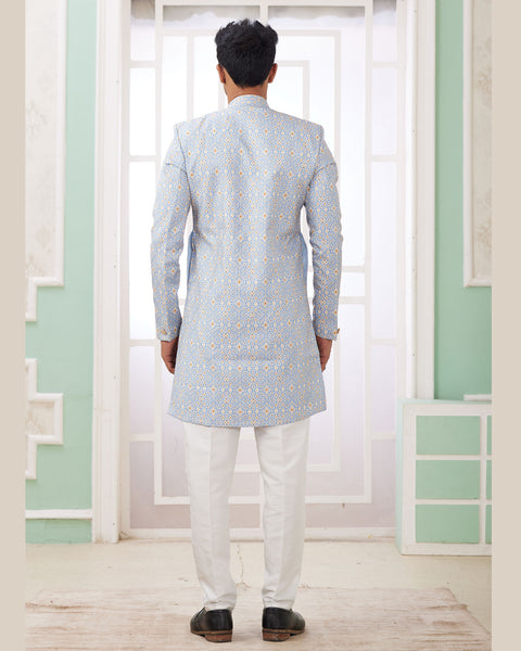 Blue & Off White Banarasi Jacquard Indo Western Sherwani Set For Men