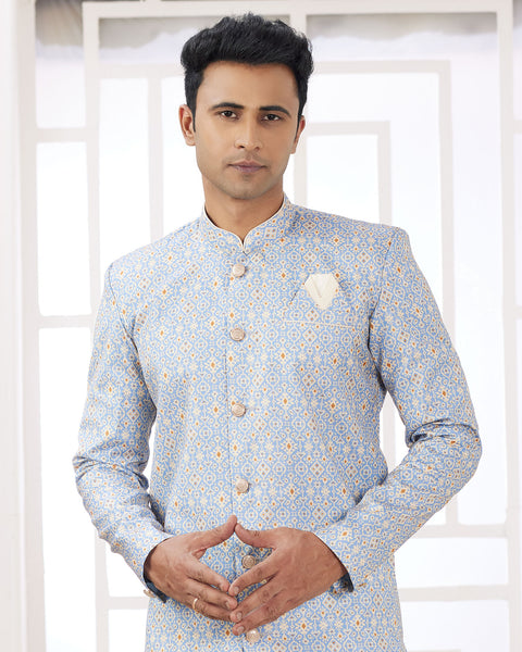 Blue & Off White Banarasi Jacquard Indo Western Sherwani Set For Men
