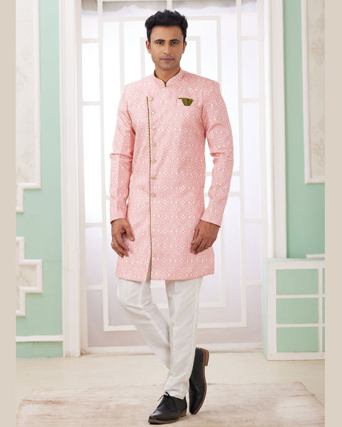 Dark Pink & Off White Banarasi Jacquard Indo Western Sherwani Set For Men